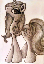 Size: 1626x2381 | Tagged: safe, artist:moonsheid, imported from derpibooru, fleur-de-lis, pony, unicorn, bedroom eyes, croup, cute, female, looking back, monochrome, pencil, pencil drawing, simple background, solo, tail, traditional art