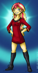 Size: 574x1100 | Tagged: safe, artist:kaemantis, imported from derpibooru, sunset shimmer, equestria girls, boots, clothes, female, high heel boots, shoes, smiling, solo, star trek