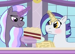 Size: 2048x1465 | Tagged: safe, artist:kindheart525, imported from derpibooru, oc, oc only, oc:aurora borealis, oc:sunbeam, unicorn, cake, food, looking at each other, oc x oc, offspring, offspring shipping, parent:good king sombra, parent:king sombra, parent:princess celestia, parent:rarity, parent:thunderlane, parents:celestibra, parents:rarilane, shipping