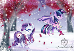 Size: 1024x704 | Tagged: safe, artist:animechristy, imported from derpibooru, part of a set, rarity, twilight sparkle, twilight sparkle (alicorn), alicorn, pony, unicorn, bundled up for winter, clothes, coat, female, flower, looking back, mare, petals, rose, scarf, smiling, snow, snowfall, tree, winter, winter outfit