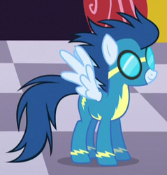 Size: 317x331 | Tagged: safe, imported from derpibooru, screencap, blue blazes, pony, rarity investigates, background pony, clothes, cropped, female, goggles, mare, smiling, solo, uniform, wonderbolts, wonderbolts uniform