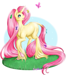 Size: 1397x1563 | Tagged: safe, artist:bunnywhiskerz, imported from derpibooru, fluttershy, butterfly, pony, unicorn, leak, spoiler:g5, colored hooves, cute, female, fluttershy (g5 concept leak), fluttershy (g5), g5, g5 concept leak style, g5 concept leaks, grass, head turn, leonine tail, looking at something, looking up, mare, missing cutie mark, open mouth, raised hoof, shyabetes, simple background, smiling, solo, turned head, unicorn fluttershy, unshorn fetlocks