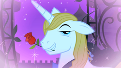 Size: 1280x720 | Tagged: safe, imported from derpibooru, screencap, prince blueblood, pony, the best night ever, bowtie, flower, flower in mouth, male, mouth hold, rose, rose in mouth, solo