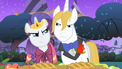 Size: 1280x720 | Tagged: safe, imported from derpibooru, screencap, prince blueblood, rarity, pony, unicorn, the best night ever, apple, clothes, dress, female, flower, food, gala dress, male, mare, rose, stallion