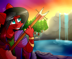 Size: 1024x838 | Tagged: safe, artist:fireworkarsonist, imported from derpibooru, oc, oc only, oc:swiftriff, anthro, anthro oc, clothes, guitar, musical instrument, red and black oc, solo, sunset, waterfall