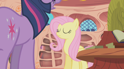 Size: 1280x720 | Tagged: safe, imported from derpibooru, screencap, fluttershy, twilight sparkle, bridle gossip, eyes closed, golden oaks library