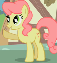 Size: 256x283 | Tagged: safe, imported from derpibooru, screencap, gala appleby, earth pony, pony, green isn't your color, apple family member, background pony, cropped, female, mare, raised hoof, smiling, solo