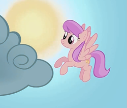 Size: 585x495 | Tagged: safe, imported from derpibooru, screencap, pegasus, pony, look before you sleep, background pony, cloud, cropped, female, flying, fuchsia berry, mare, smiling, solo, sun