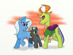 Size: 1200x900 | Tagged: safe, artist:eulicious, imported from derpibooru, thorax, trixie, oc, oc:prince thurston, changedling, changeling, changepony, hybrid, female, interspecies offspring, king thorax, male, offspring, parent:thorax, parent:trixie, parents:thoraxie, shipping, simple background, straight, thoraxie