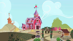 Size: 1280x720 | Tagged: safe, imported from derpibooru, screencap, the show stoppers, applejack's house, barn, barrel, chicken coop, corn, food, hay bale, no pony, scenery, sweet apple acres, well