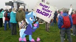 Size: 1967x1106 | Tagged: safe, artist:pixelkitties, imported from derpibooru, ms. harshwhinny, trixie, banner, cup, irl, march, obsession, photo, picket sign, ponies in real life, strike (protest), teacup, that pony sure does love teacups, votehorse