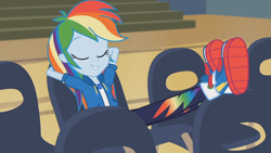 Size: 1920x1080 | Tagged: safe, imported from derpibooru, screencap, rainbow dash, equestria girls, equestria girls series, fluttershy's butterflies, animation error, awesome, chair, chillaxing, converse, cool, crossed legs, eyes closed, feet up, fluttershy's butterflies: rainbow dash, geode of super speed, magical geodes, shoes