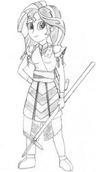 Size: 1024x1823 | Tagged: safe, artist:drcool13, imported from derpibooru, sunset shimmer, equestria girls, armor, female, monochrome, shadow fight 2, shadow fight 2(game), solo, staff, traditional art, weapon