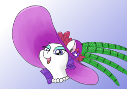 Size: 850x596 | Tagged: safe, artist:dr-waveband, imported from derpibooru, rarity, pony, unicorn, female, giant hat, gradient background, hat, jewelry, mare, necklace, pearl necklace, solo