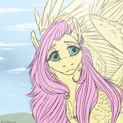 Size: 1200x1200 | Tagged: safe, artist:dementra369, imported from derpibooru, fluttershy, pegasus, pony, bust, cloud, female, head turn, looking at you, mare, portrait, sky, solo, spread wings, turned head, wings