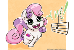 Size: 2386x1620 | Tagged: safe, artist:itsalwayspony, imported from derpibooru, sweetie belle, pony, unicorn, cute, cutie mark, diasweetes, female, filly, hi, looking at you, music notes, solo, squeaky belle, the cmc's cutie marks