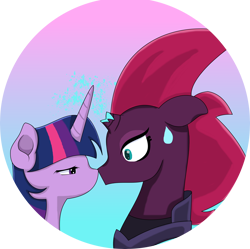 Size: 6734x6708 | Tagged: safe, artist:sparkleshadow, imported from derpibooru, fizzlepop berrytwist, tempest shadow, twilight sparkle, alicorn, pony, unicorn, my little pony: the movie, absurd resolution, female, imminent kissing, lesbian, mare, nose to nose, shipping, sweat, sweatdrop, tempestlight, twilight sparkle (alicorn)