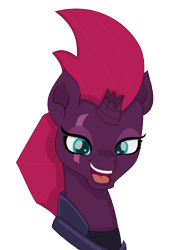 Size: 794x1123 | Tagged: safe, artist:sparkleshadow, imported from derpibooru, fizzlepop berrytwist, tempest shadow, pony, unicorn, my little pony: the movie, armor, broken horn, bust, eye scar, female, mare, open mouth, scar, simple background, smiling, solo