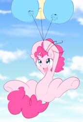 Size: 1334x1954 | Tagged: safe, artist:akainu_pony, imported from derpibooru, pinkie pie, pony, balloon, cloud, cute, diapinkes, female, floating, mare, open mouth, sky, smiling, solo, then watch her balloons lift her up to the sky, underhoof