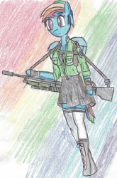 Size: 951x1445 | Tagged: safe, artist:sovietpone, imported from derpibooru, rainbow dash, anthro, female, gun, solo, traditional art, weapon