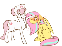 Size: 640x480 | Tagged: source needed, useless source url, safe, artist:bananasmores, imported from derpibooru, nurse redheart, oc, oc:star shower, earth pony, pegasus, pony, blushing, canon x oc, duo, female, floppy ears, looking away, mare, not fluttershy, simple background, sitting, sweat, white background