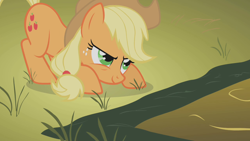 Size: 1280x720 | Tagged: safe, imported from derpibooru, screencap, applejack, earth pony, pony, fall weather friends, applejack's hat, cowboy hat, crouching, female, hat, mare, solo