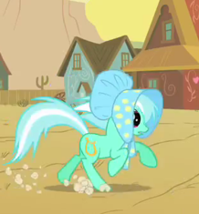 Size: 218x235 | Tagged: safe, imported from derpibooru, screencap, lyra heartstrings, earth pony, pony, over a barrel, appleloosa, background pony, bonnet, cropped, female, mare, running, solo