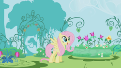 Size: 1280x720 | Tagged: safe, imported from derpibooru, screencap, fluttershy, pegasus, pony, season 1, the ticket master, canterlot gardens, female, flower, garden, mare, solo