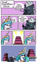 Size: 4035x6751 | Tagged: safe, artist:poecillia-gracilis19, imported from derpibooru, grubber, princess celestia, alicorn, hedgehog, pony, my little pony: the movie, absurd resolution, bait and switch, cake, cakelestia, comic, food, knife, magic