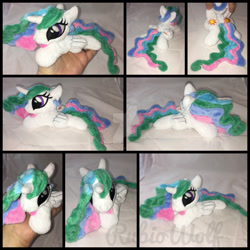 Size: 1600x1600 | Tagged: safe, artist:rubiowolf, imported from derpibooru, princess celestia, alicorn, pony, beanie (plushie), female, folded wings, hand, irl, mare, missing accessory, photo, plushie, prone, solo