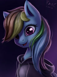 Size: 2300x3100 | Tagged: safe, artist:foughtdragon01, imported from derpibooru, rainbow dash, pegasus, pony, bangs, bust, cheek fluff, clothes, cute, dashabetes, female, high res, hoodie, looking at you, open mouth, portrait, smiling, solo