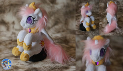 Size: 1723x1000 | Tagged: safe, artist:essorille, imported from derpibooru, princess celestia, alicorn, pony, colored pupils, female, filly celestia, fluffy, irl, jewelry, photo, pink-mane celestia, plushie, regalia, sitting, solo