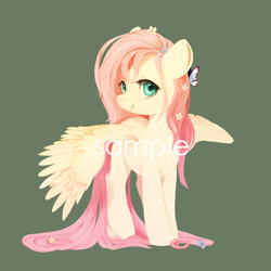 Size: 1500x1500 | Tagged: safe, artist:haidiannotes, edit, imported from derpibooru, fluttershy, butterfly, pegasus, pony, colored pupils, female, flower, flower in hair, green background, looking at you, mare, simple background, solo, spread wings, watermark, wings