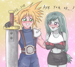 Size: 3965x3543 | Tagged: safe, artist:sumin6301, imported from derpibooru, big macintosh, marble pie, equestria girls, belly button, blushing, clothes, cloud strife, cosplay, costume, cute, dialogue, equestria girls-ified, female, final fantasy, final fantasy vii, fingerless gloves, gloves, grin, leather, leather skirt, male, marblemac, miniskirt, shipping, skirt, smiling, straight, suspenders, sword, tanktop, tifa lockhart, weapon