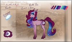 Size: 1600x933 | Tagged: safe, artist:notthemosttalented, imported from derpibooru, oc, oc only, oc:courtland apple, earth pony, pony, female, mare, offspring, parent:big macintosh, parent:princess luna, parents:lunamac, reference sheet, solo