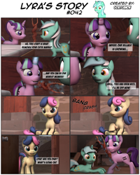 Size: 3929x4912 | Tagged: safe, artist:goatcanon, imported from derpibooru, bon bon, lyra heartstrings, starlight glimmer, sweetie drops, comic:lyra's story, 3d, dialogue, equal town, fight, levitation, magic, our town, s5 starlight, source filmmaker, staff, staff of sameness, starlight's village, telekinesis