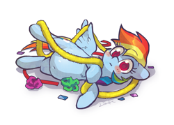 Size: 1616x1154 | Tagged: safe, artist:dawnfire, imported from derpibooru, rainbow dash, pegasus, pony, belly, belly button, blushing, chubby, cute, dashabetes, fat, female, holiday, mare, rainblob dash, silly, silly pony, solo, tangled up, tubby wubby pony waifu, wings