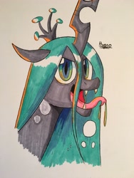 Size: 3024x4032 | Tagged: dead source, safe, artist:hypno, imported from derpibooru, queen chrysalis, changeling, changeling queen, female, looking at you, simple background, solo, tongue out, traditional art, white background