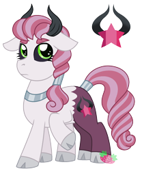 Size: 1372x1627 | Tagged: safe, artist:strawberry-spritz, imported from derpibooru, oc, oc only, hybrid, black sclera, cloven hooves, crack ship offspring, cutie mark, female, floppy ears, interspecies offspring, offspring, parent:lord tirek, parent:sweetie belle, parents:sweetirek, simple background, solo, transparent background, weird ship wednesday