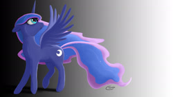 Size: 1920x1080 | Tagged: safe, artist:iconographi, imported from derpibooru, princess luna, alicorn, pony, female, floppy ears, gradient background, looking back, mare, signature, solo, spread wings, wings