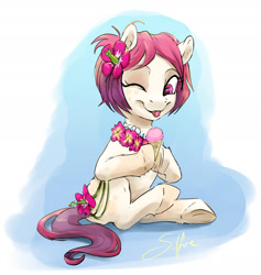 Size: 1868x1967 | Tagged: safe, artist:silfoe, imported from derpibooru, oc, oc only, oc:peony, earth pony, pony, commission, cute, female, floral necklace, flower, flower in hair, flower necklace, food, hibiscus, ice cream, jewelry, mare, necklace, ocbetes, one eye closed, pearl necklace, smiling, solo, underhoof