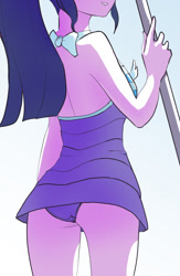 Size: 785x1206 | Tagged: safe, artist:grissaecrim, artist:raikoh, imported from derpibooru, sci-twi, twilight sparkle, equestria girls, equestria girls series, forgotten friendship, ass, attached skirt, bow swimsuit, breasts, butt, clothes, dress, female, one-piece swimsuit, open-back swimsuit, ponytail, preview, purple swimsuit, sci-twi swimsuit, sci-twibutt, smiling, solo, striped swimsuit, swimsuit, tricolor swimsuit, twibutt