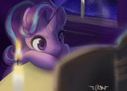 Size: 3008x2160 | Tagged: safe, artist:obsidelle, imported from derpibooru, starlight glimmer, pony, unicorn, book, candle, female, night, reading, solo, stars, window