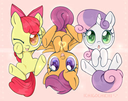 Size: 900x713 | Tagged: safe, artist:ichigochichi, imported from derpibooru, apple bloom, scootaloo, sweetie belle, earth pony, pegasus, pony, unicorn, adorabloom, colored pupils, cute, cutealoo, cutie mark crusaders, diasweetes, female, filly, heart, one eye closed, tongue out, trio, wink