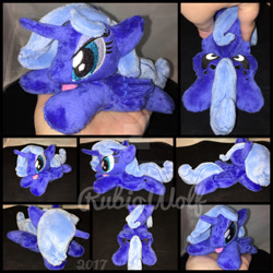 Size: 1600x1600 | Tagged: safe, artist:rubiowolf, imported from derpibooru, princess luna, alicorn, pony, beanie (plushie), female, folded wings, hand, irl, mare, missing accessory, photo, plushie, prone, s1 luna, solo, tongue out