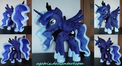 Size: 1280x689 | Tagged: safe, artist:agatrix, imported from derpibooru, princess luna, alicorn, pony, female, irl, jewelry, mare, photo, plushie, regalia, solo, spread wings, wings