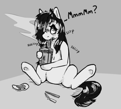 Size: 500x450 | Tagged: safe, artist:keeponhatin, imported from derpibooru, oc, oc only, oc:floor bored, earth pony, pony, chopsticks, dialogue, eating, female, food, grayscale, hoof hold, instant noodles, mare, monochrome, noodles, onomatopoeia, ramen, ramen face, sitting, solo, underhoof