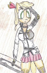 Size: 806x1255 | Tagged: safe, artist:sovietpone, imported from derpibooru, applejack, anthro, clothes, female, socks, solo, thigh highs, traditional art, weapon