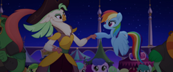 Size: 1920x804 | Tagged: safe, imported from derpibooru, screencap, boyle, captain celaeno, murdock, rainbow dash, anthro, parrot, parrot pirates, pegasus, pony, my little pony: the movie, anthro with ponies, feather, fist bump, hat, hoofbump, official, pirate, rainbow (song), song, squabble