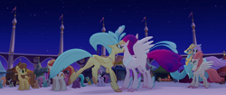 Size: 1920x804 | Tagged: safe, imported from derpibooru, screencap, bell perin, chocolate apple, dawn sunrays, haven bay, princess skystar, queen novo, salina blue, stratus skyranger, classical hippogriff, earth pony, hippogriff, pegasus, pony, my little pony: the movie, background pony, canterlot, feathered fetlocks, female, male, mare, market, mother and daughter, rainbow (song), reunion, stallion, unnamed character, unnamed pony